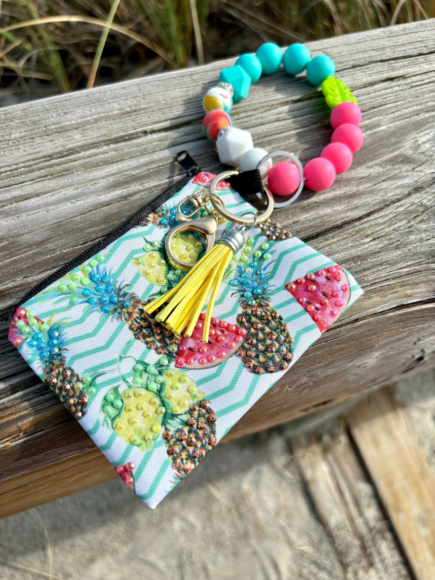 Fruit Bowl - Beaded Wristlet Keychain with Bling Pouch