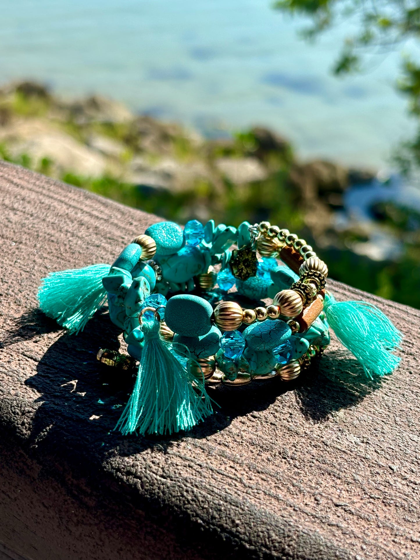 Aqua Wave - Beachy Boho Wire Wrap Bracelet Stack