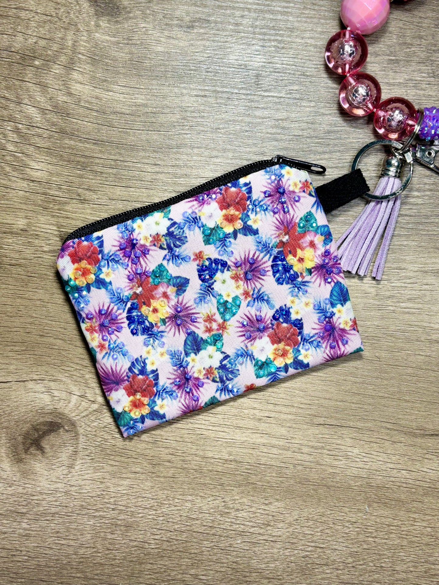 Flower Power - Beaded Wristlet Keychain with Bling Pouch