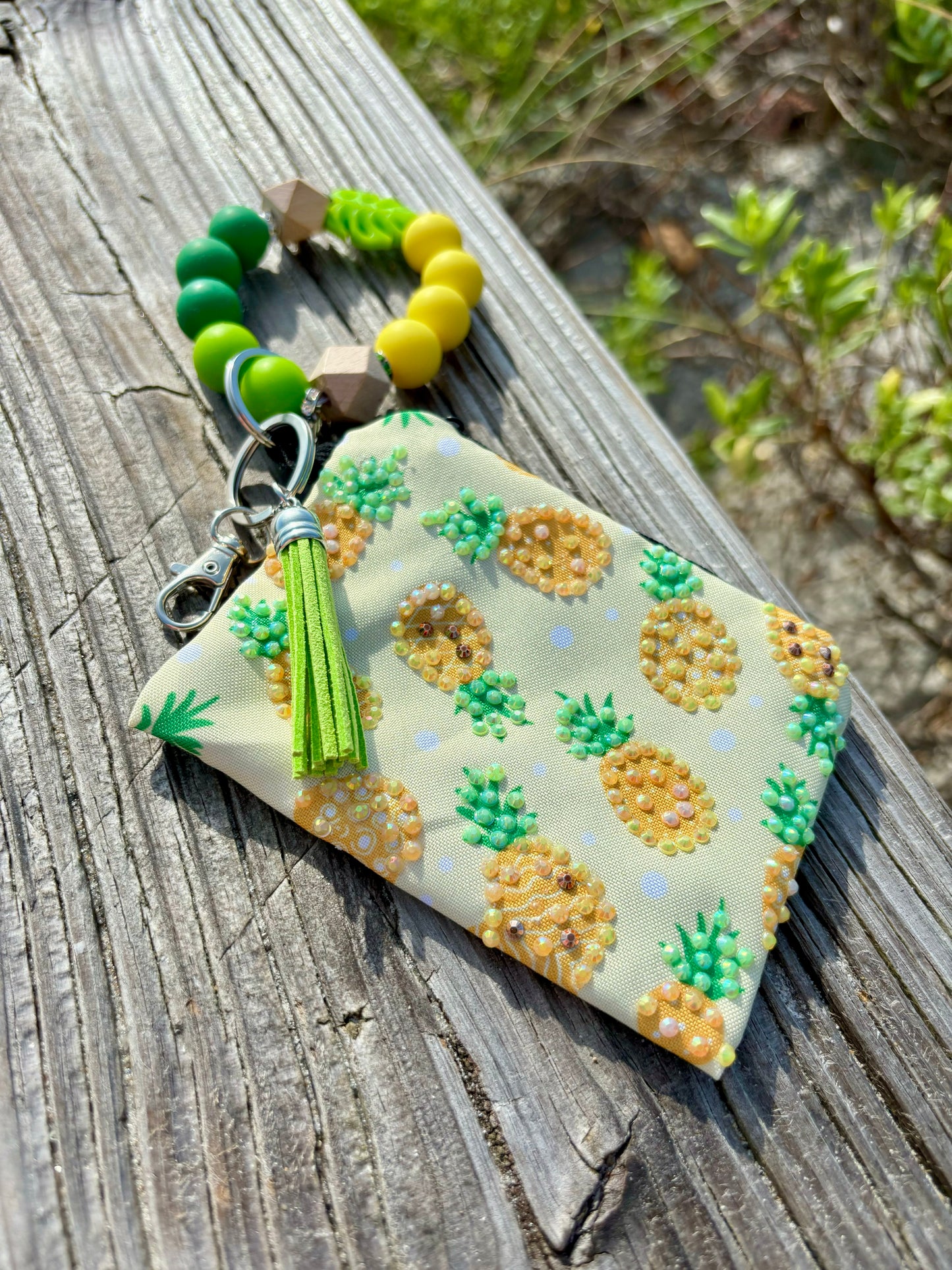 Fresh Pineapple - Beaded Wristlet Keychain with bling Pouch