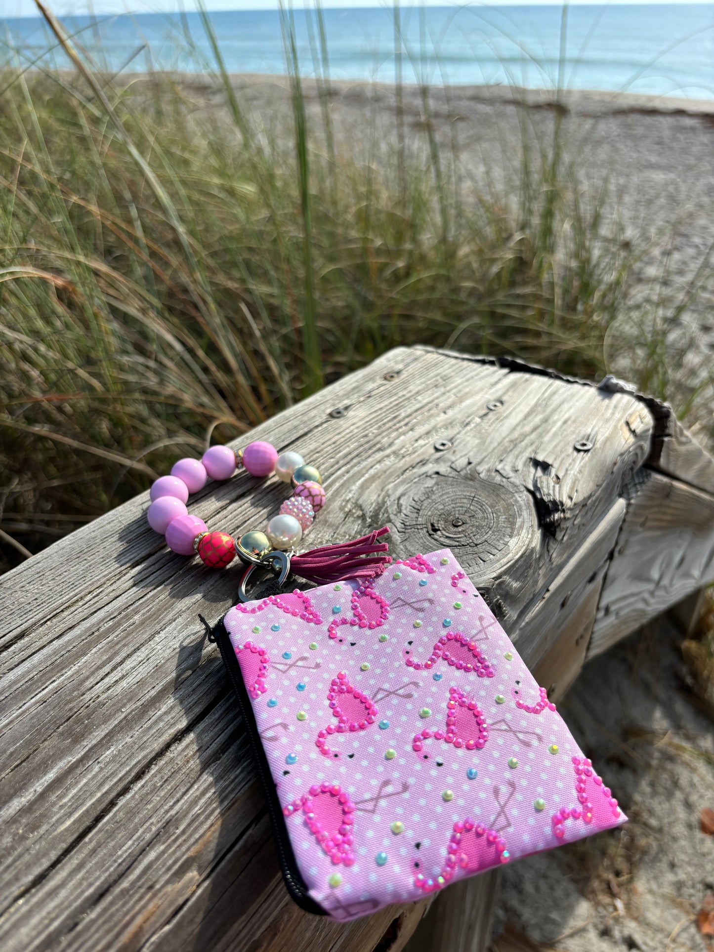 Flamingo Pink - Beaded Wristlet Keychain with Bling Pouch