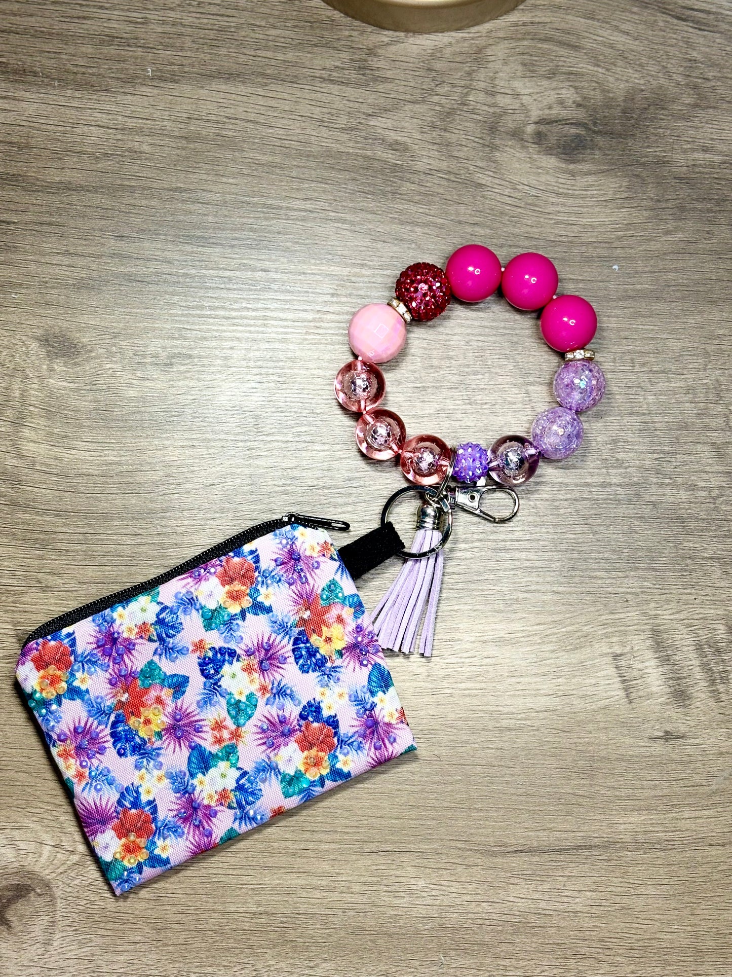 Flower Power - Beaded Wristlet Keychain with Bling Pouch