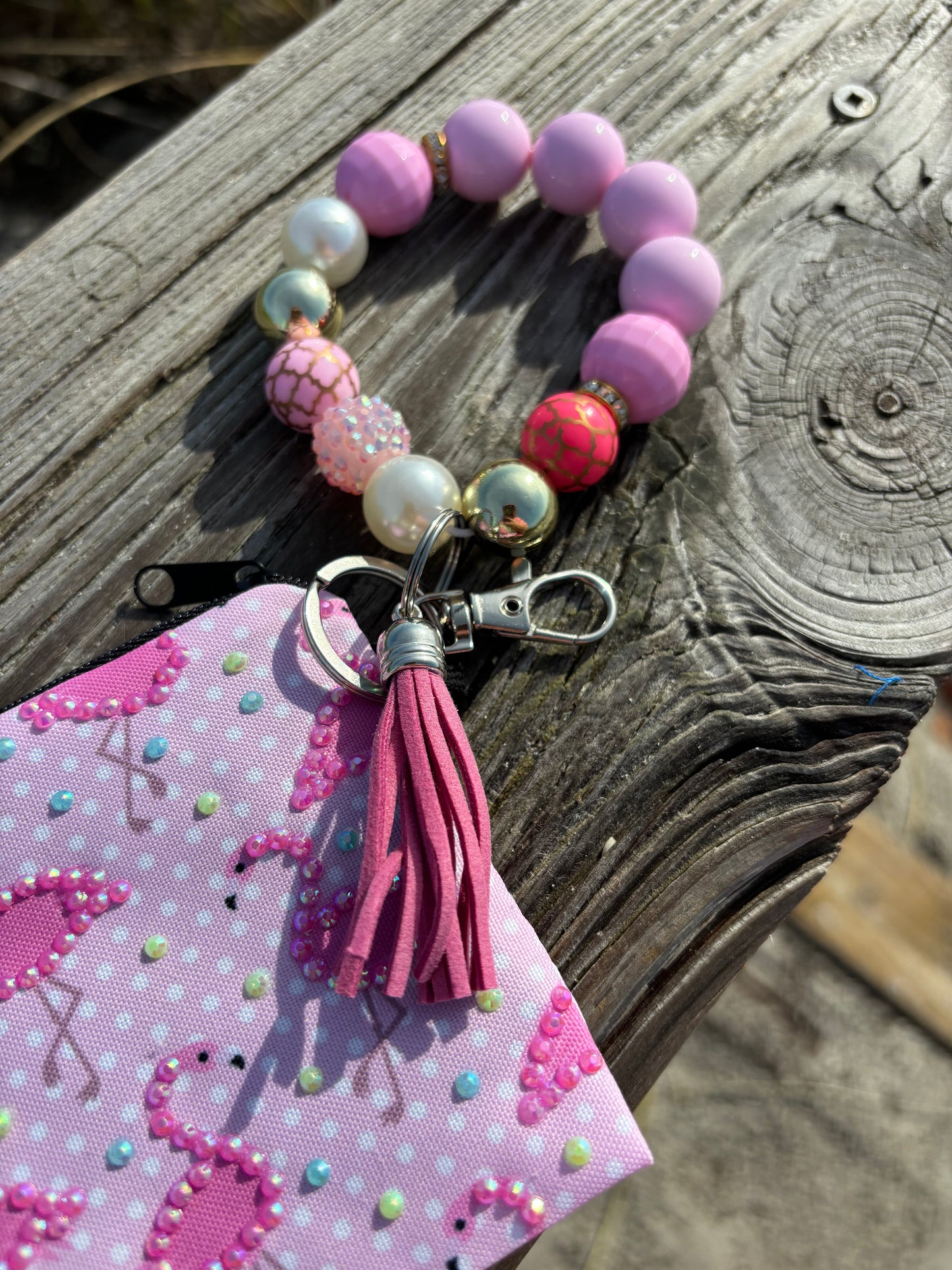 Flamingo Pink - Beaded Wristlet Keychain with Bling Pouch