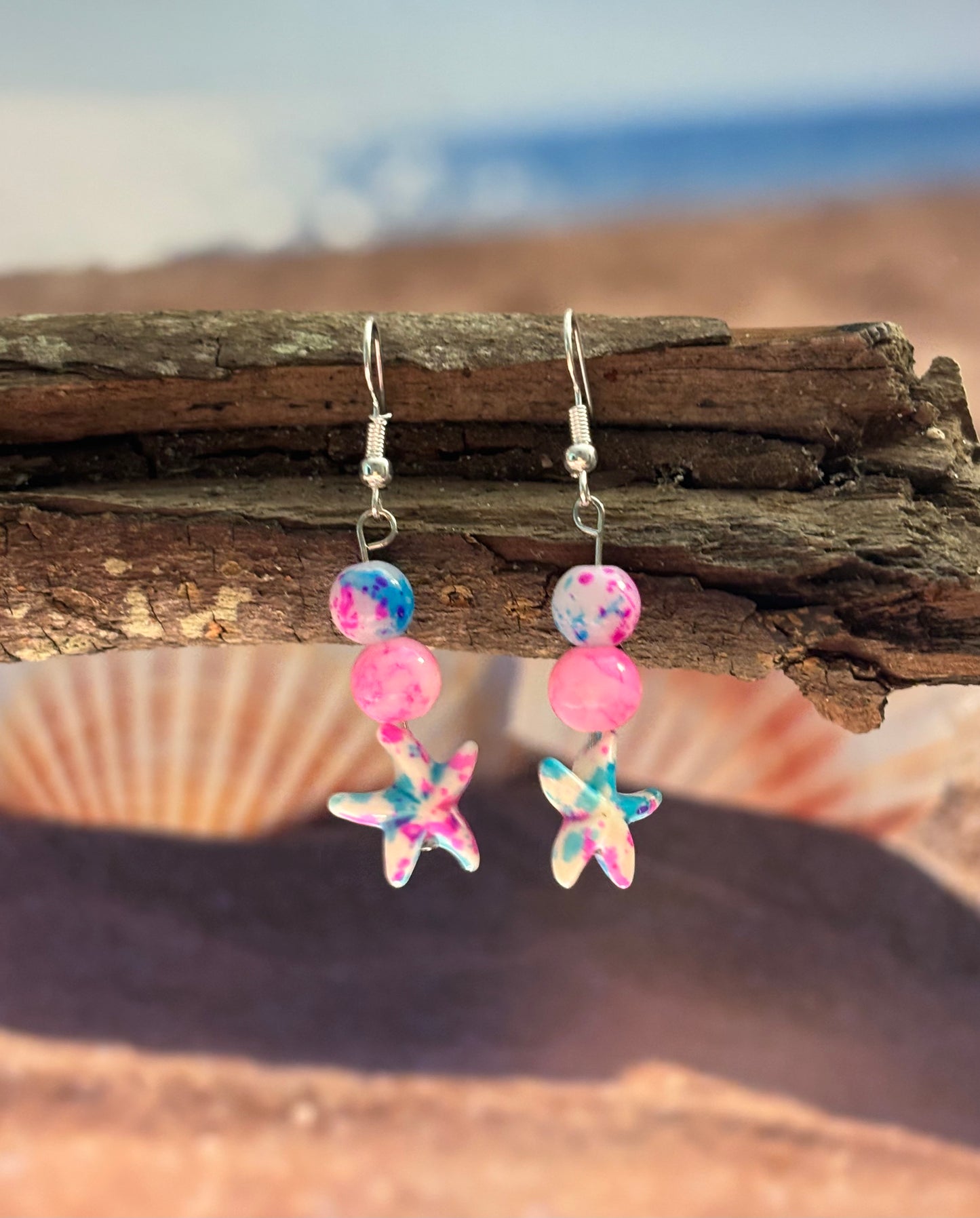 Pink Starfish- Beaded Dangle Earrings