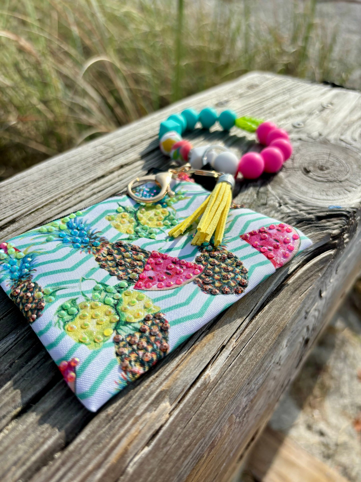 Fruit Bowl - Beaded Wristlet Keychain with Bling Pouch