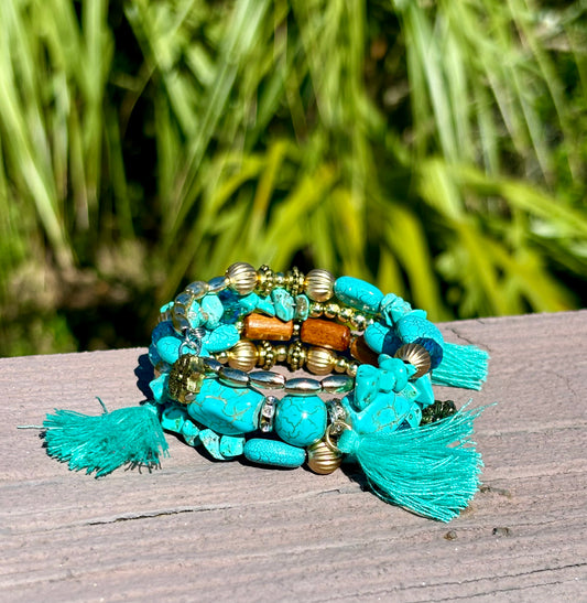 Aqua Wave - Beachy Boho Wire Wrap Bracelet Stack