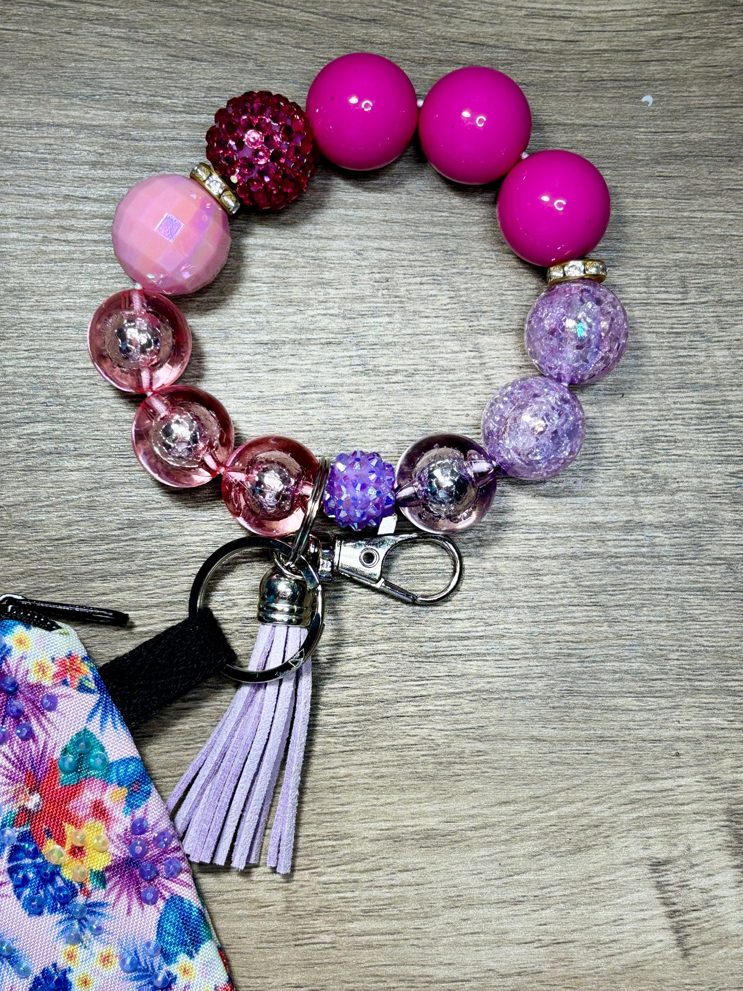 Flower Power - Beaded Wristlet Keychain with Bling Pouch