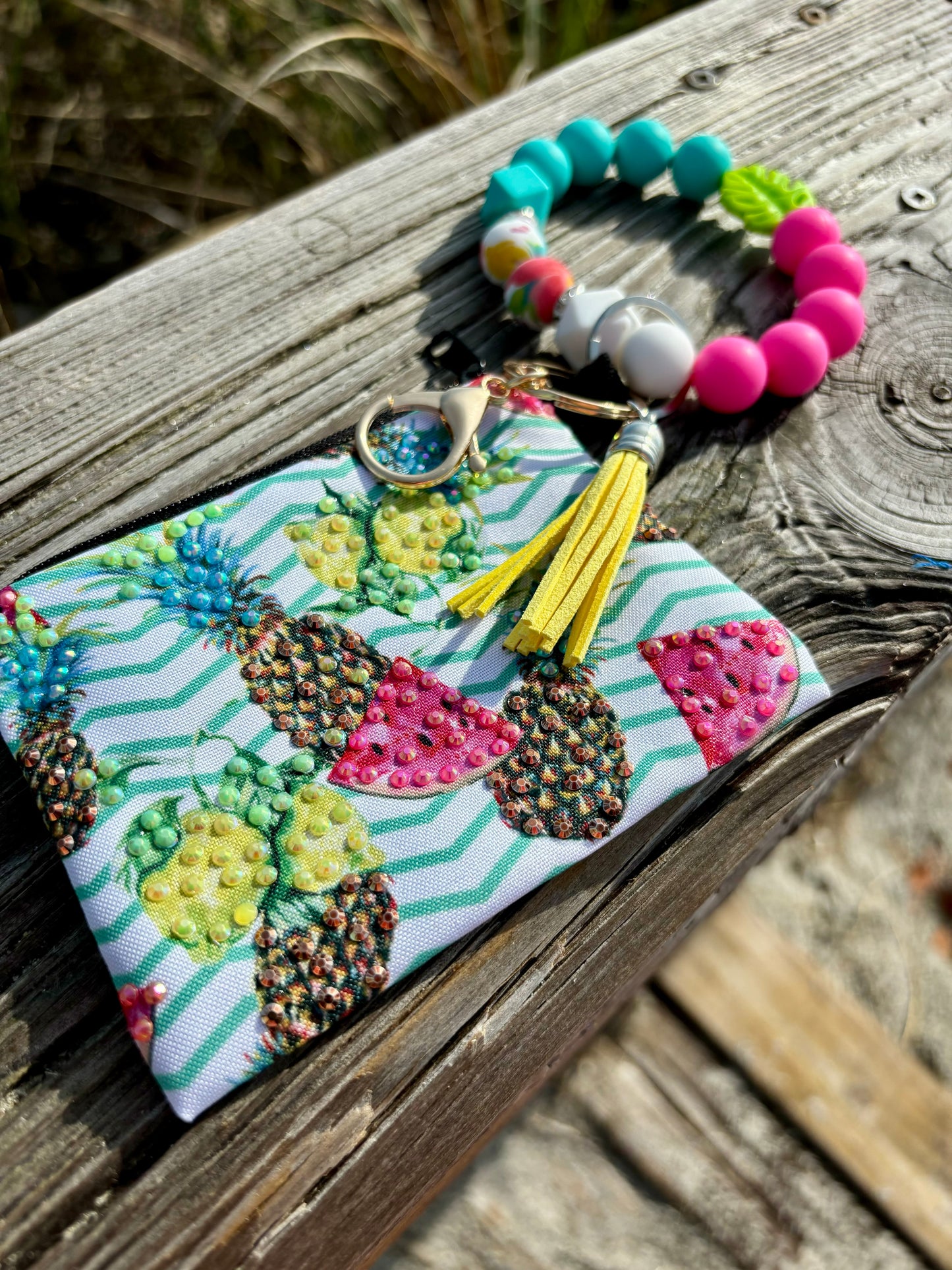 Fruit Bowl - Beaded Wristlet Keychain with Bling Pouch