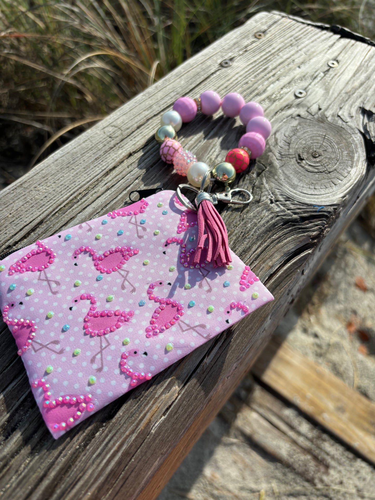 Flamingo Pink - Beaded Wristlet Keychain with Bling Pouch