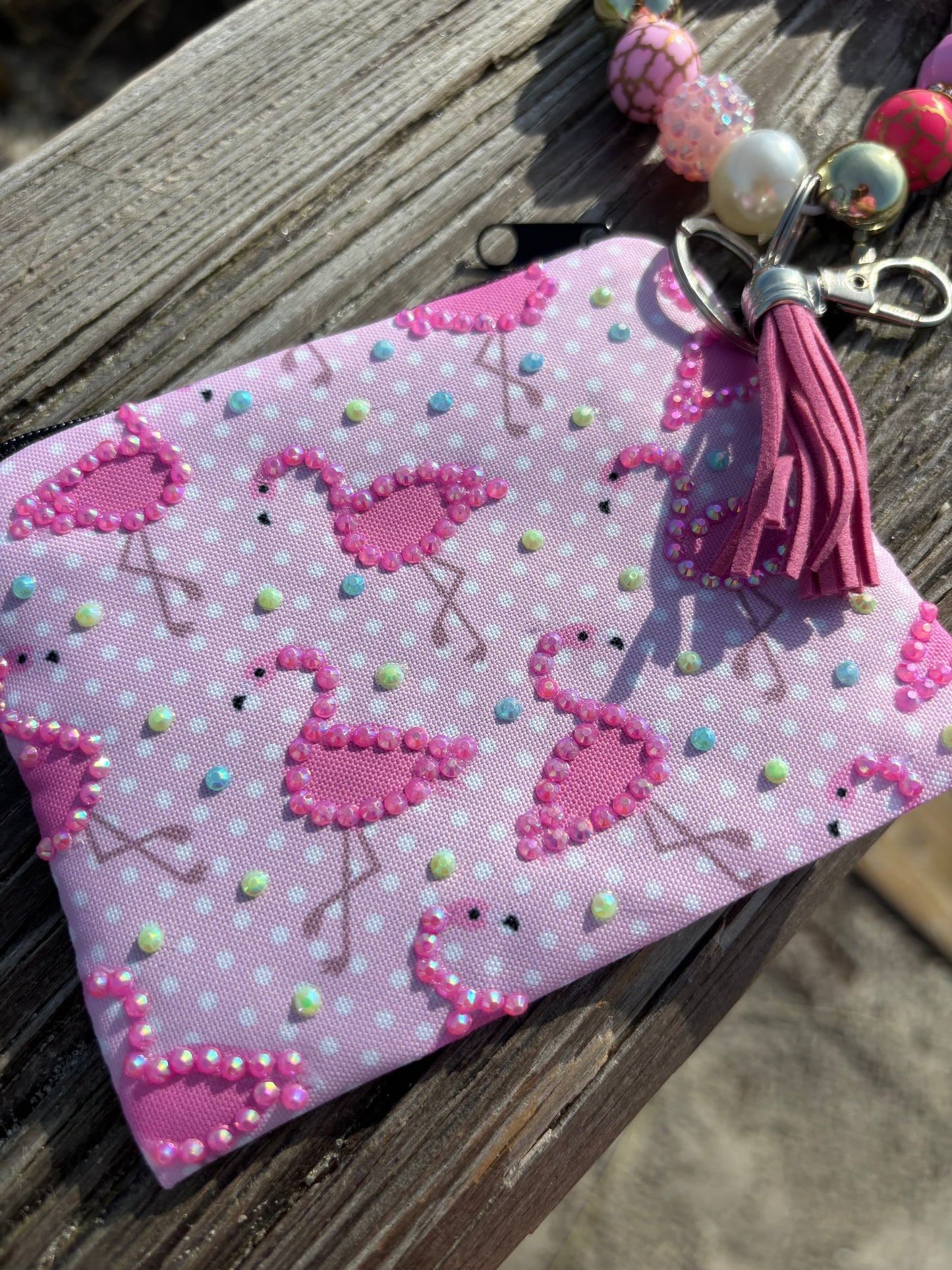 Flamingo Pink - Beaded Wristlet Keychain with Bling Pouch