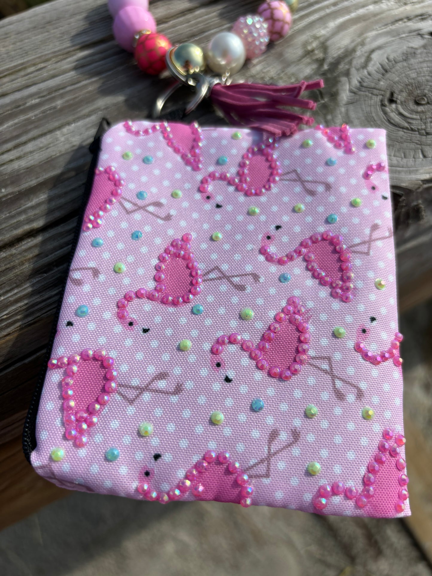 Flamingo Pink - Beaded Wristlet Keychain with Bling Pouch