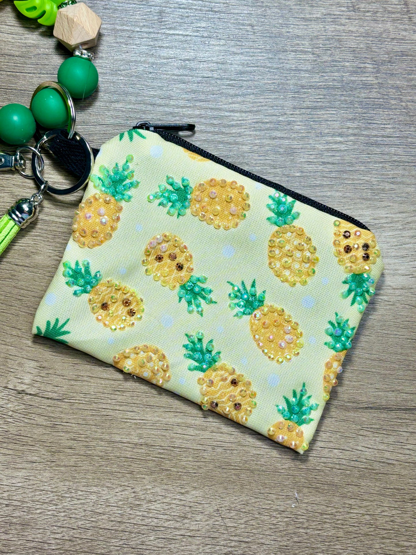 Fresh Pineapple - Beaded Wristlet Keychain with bling Pouch