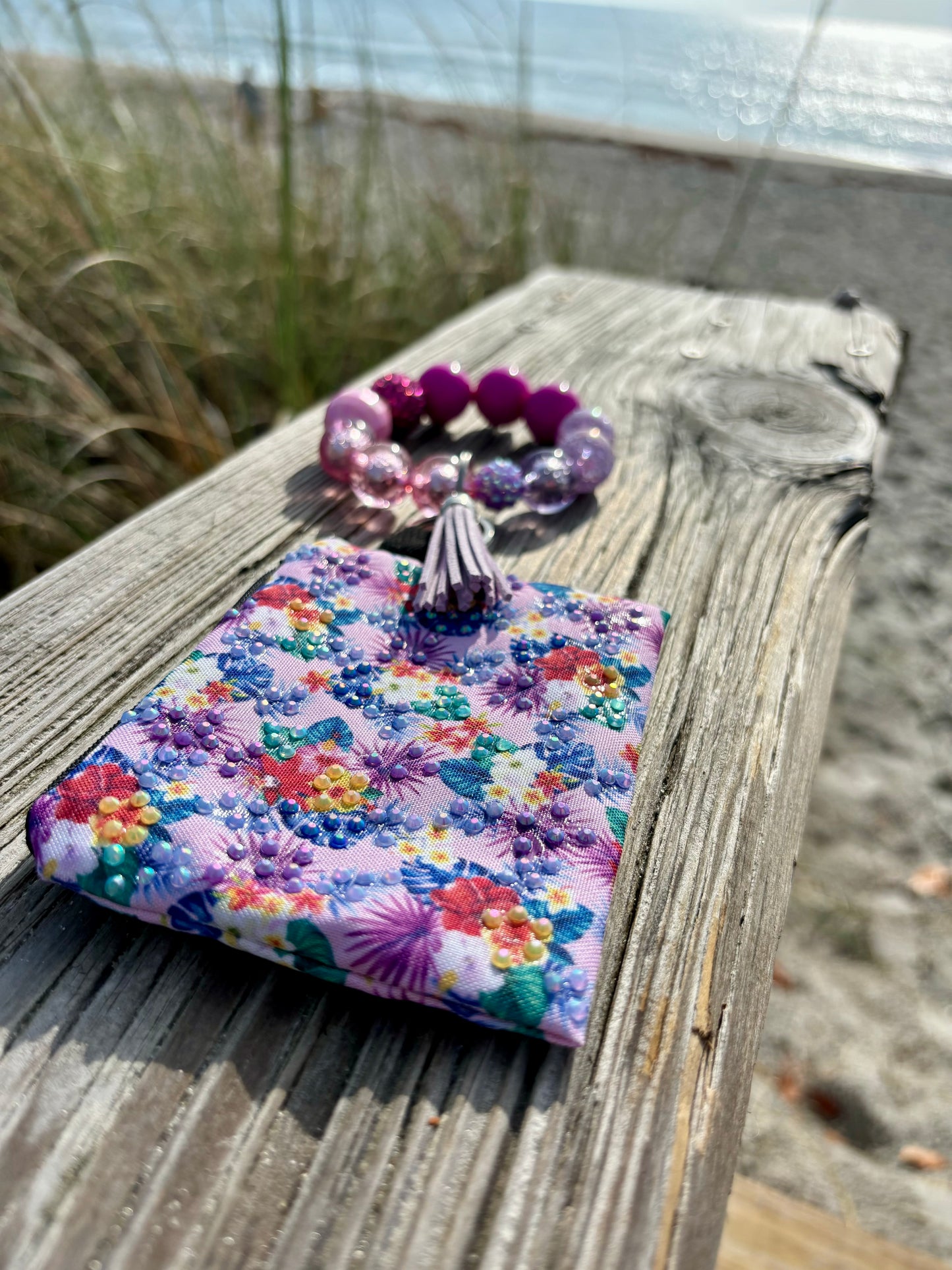 Flower Power - Beaded Wristlet Keychain with Bling Pouch