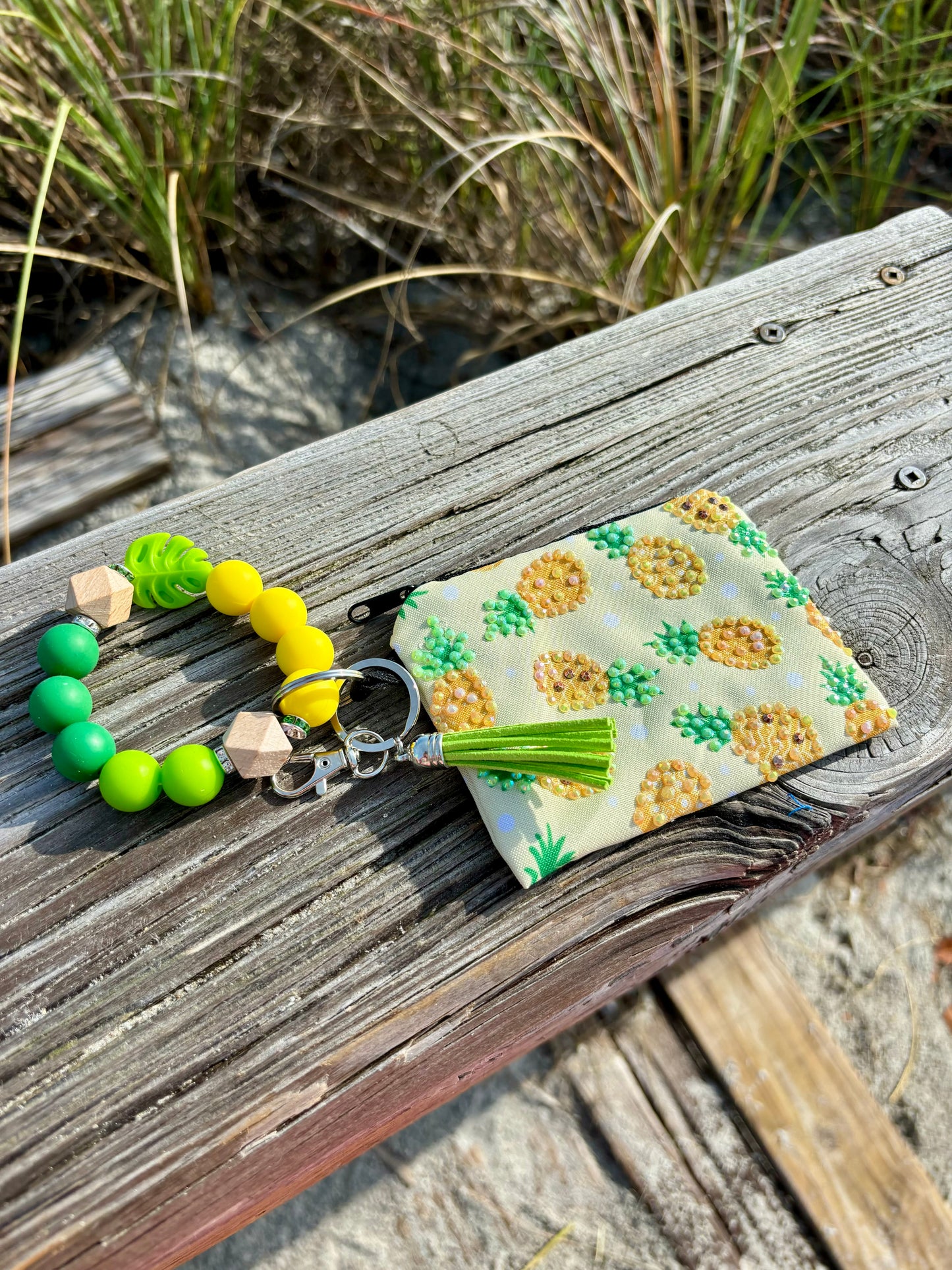 Fresh Pineapple - Beaded Wristlet Keychain with bling Pouch