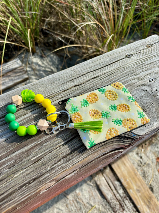 Fresh Pineapple - Beaded Wristlet Keychain with bling Pouch