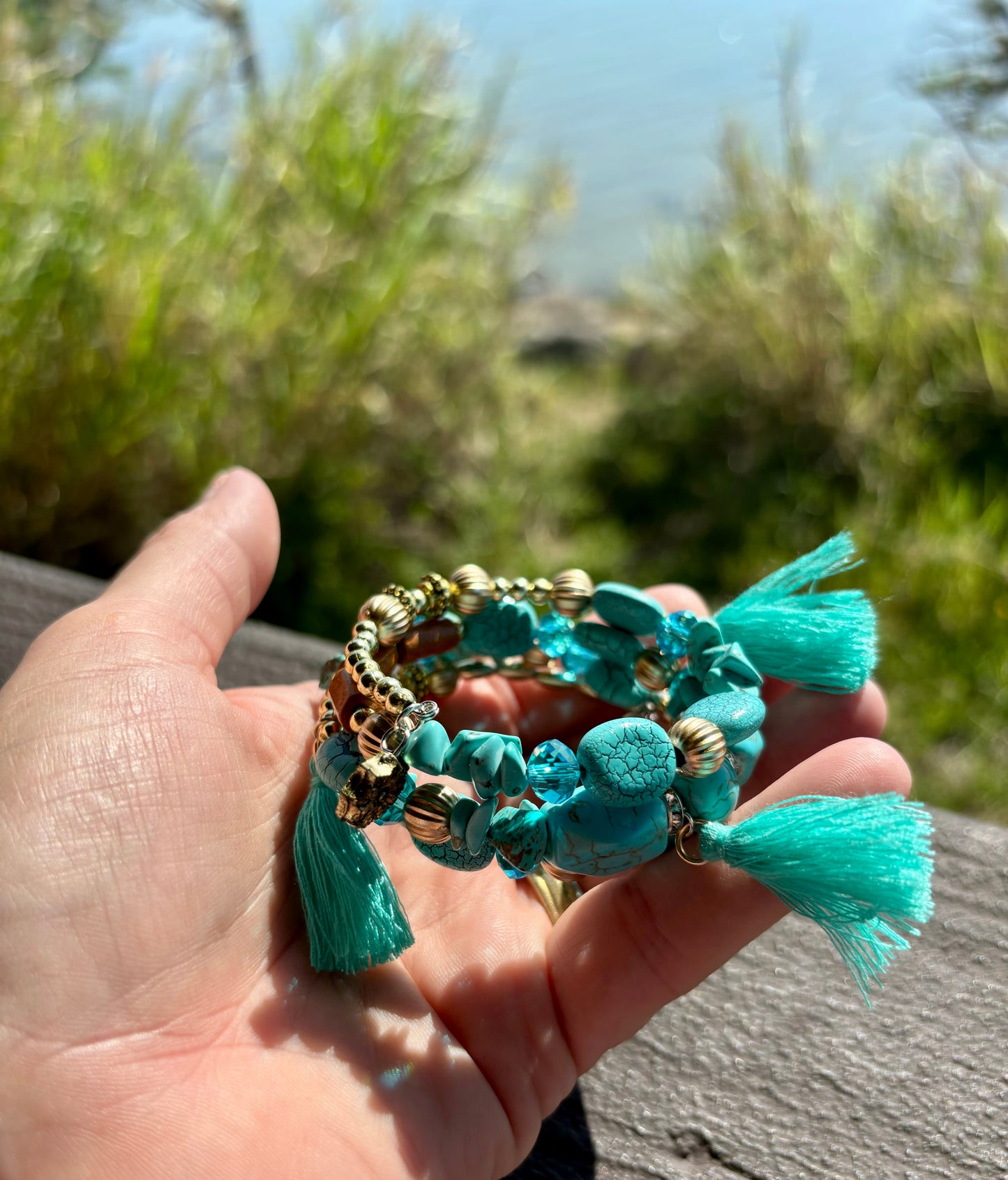 Aqua Wave - Beachy Boho Wire Wrap Bracelet Stack