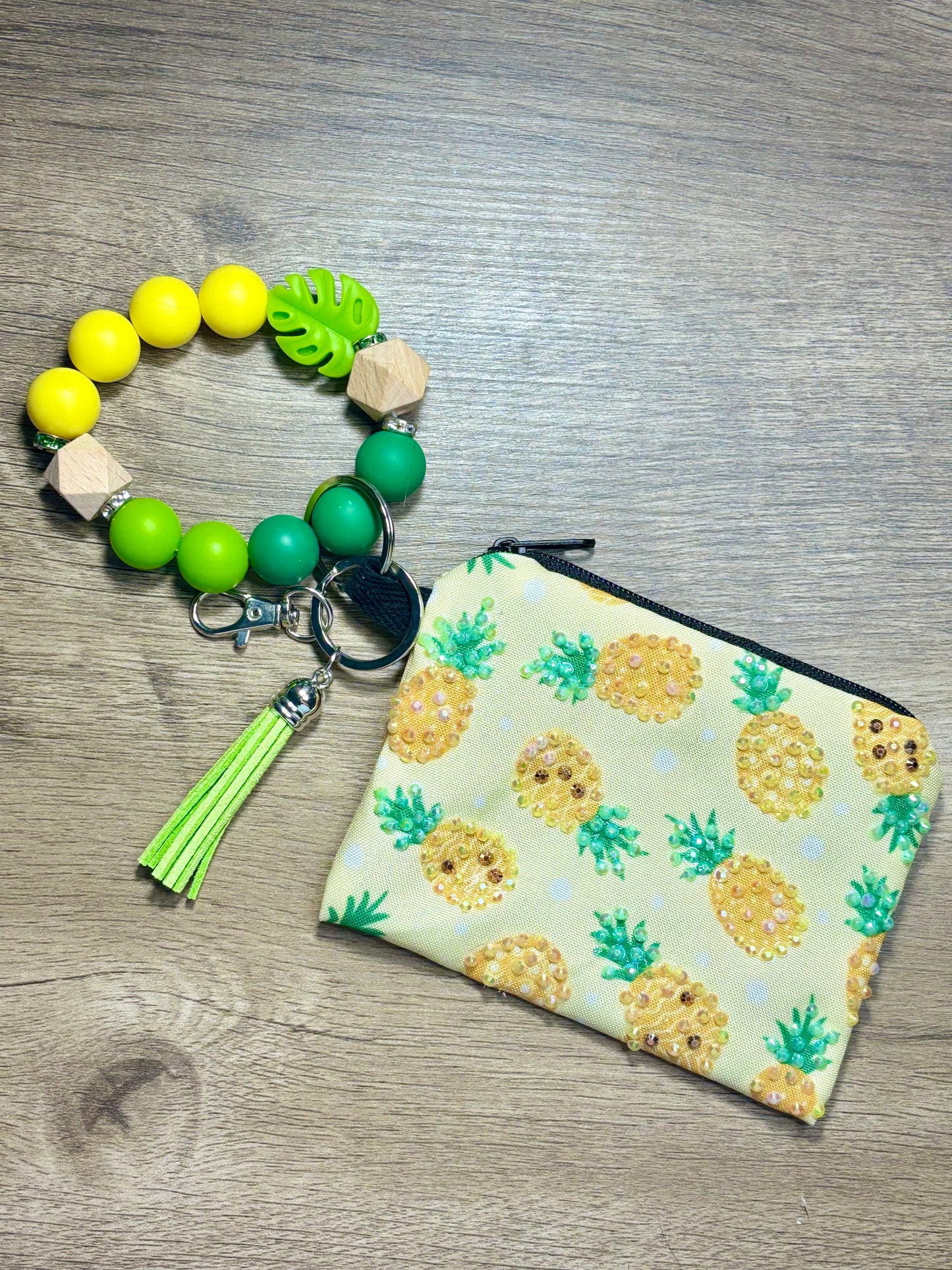 Fresh Pineapple - Beaded Wristlet Keychain with bling Pouch