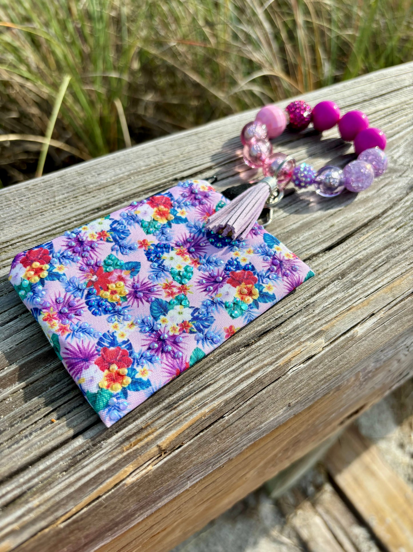 Flower Power - Beaded Wristlet Keychain with Bling Pouch