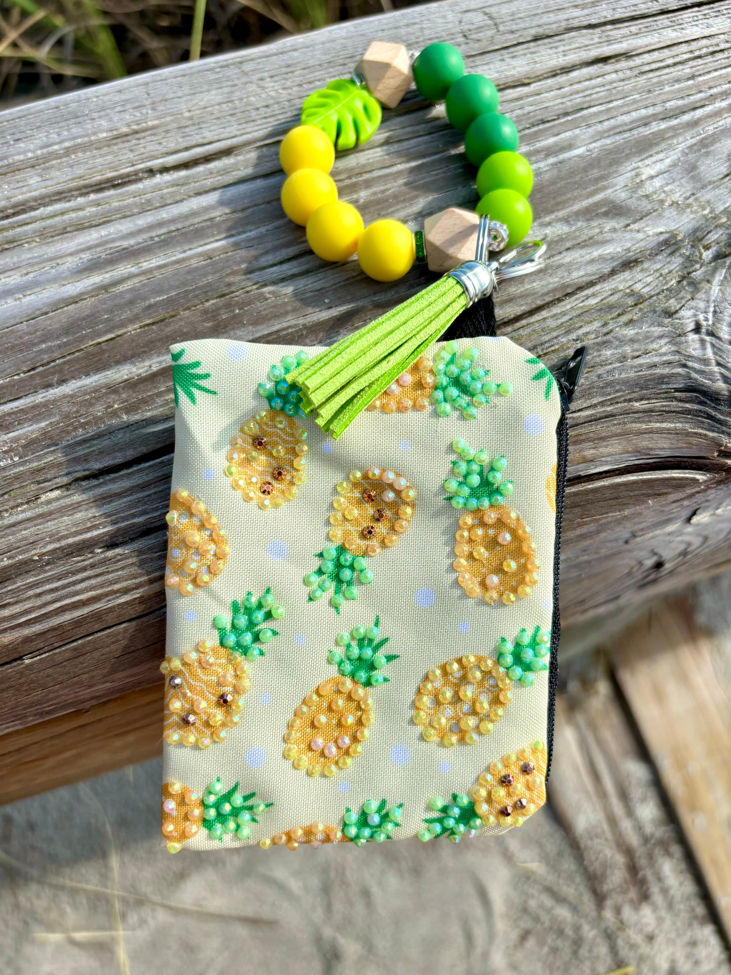 Fresh Pineapple - Beaded Wristlet Keychain with bling Pouch