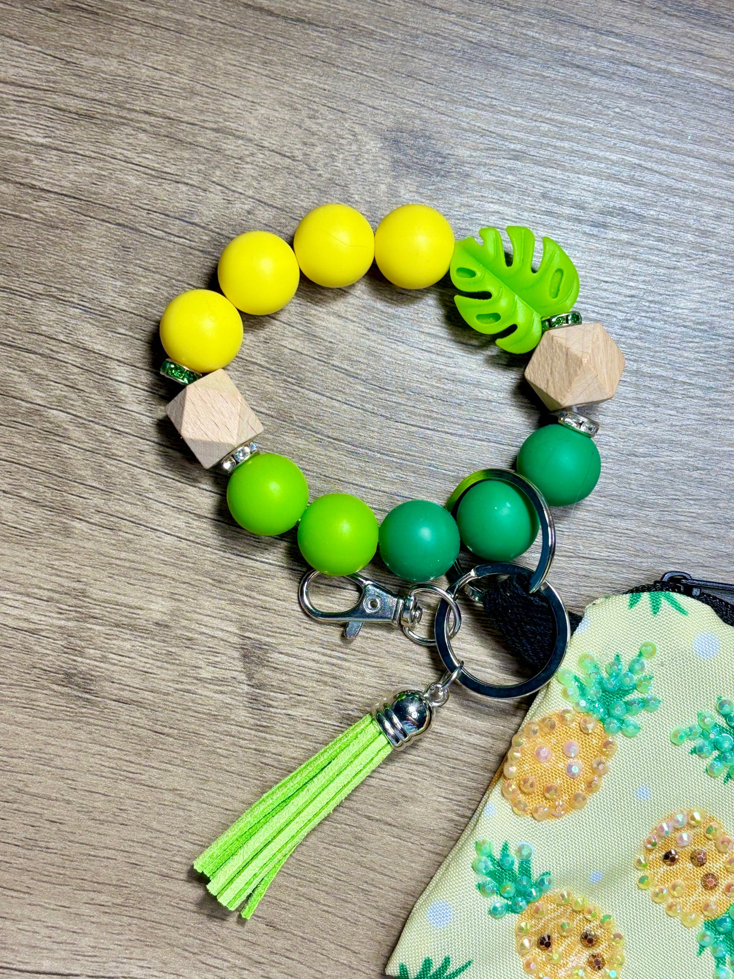 Fresh Pineapple - Beaded Wristlet Keychain with bling Pouch