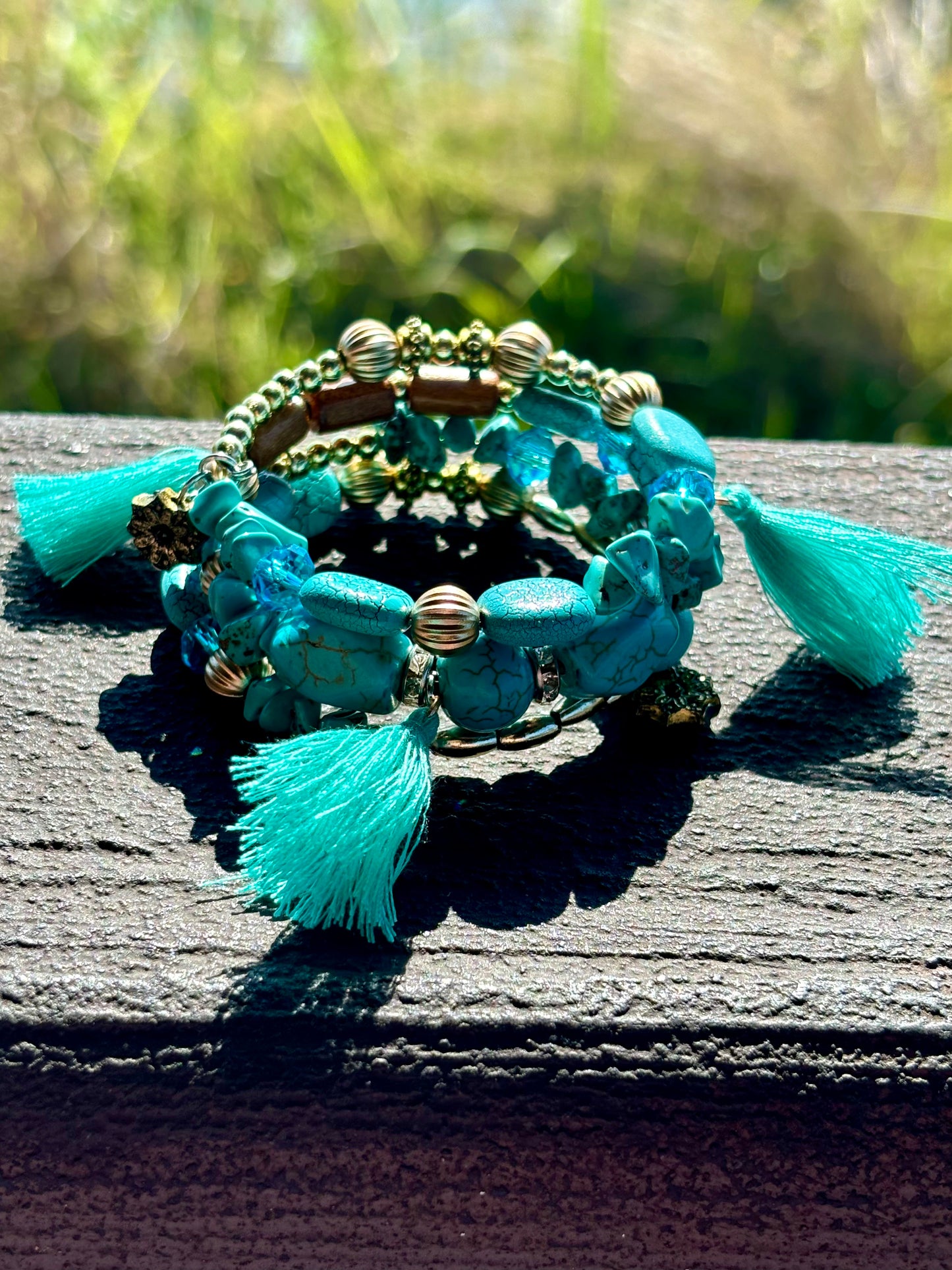 Aqua Wave - Beachy Boho Wire Wrap Bracelet Stack