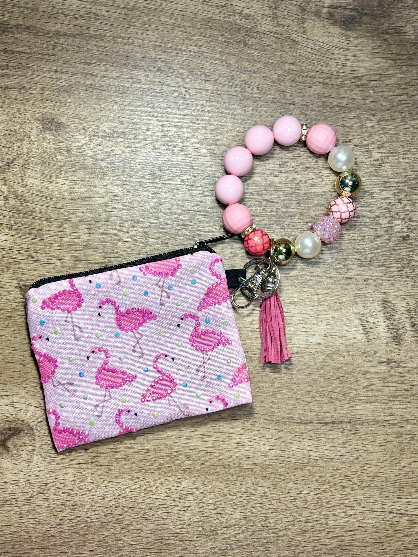 Flamingo Pink - Beaded Wristlet Keychain with Bling Pouch