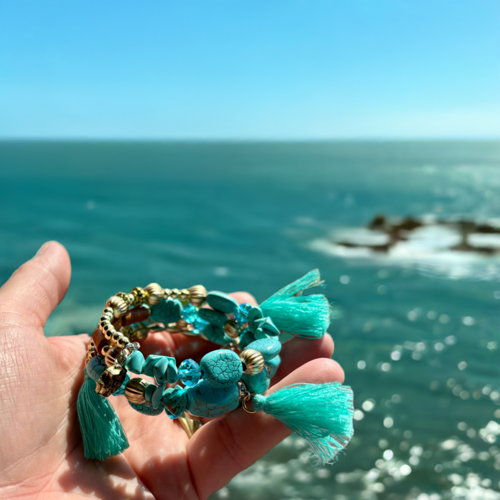 Aqua Wave - Beachy Boho Wire Wrap Bracelet Stack