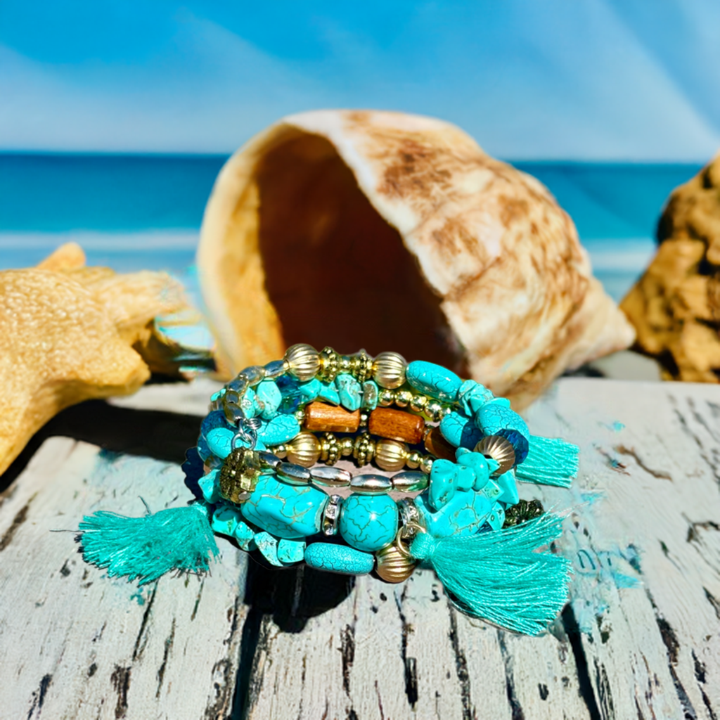 Aqua Wave - Beachy Boho Wire Wrap Bracelet Stack