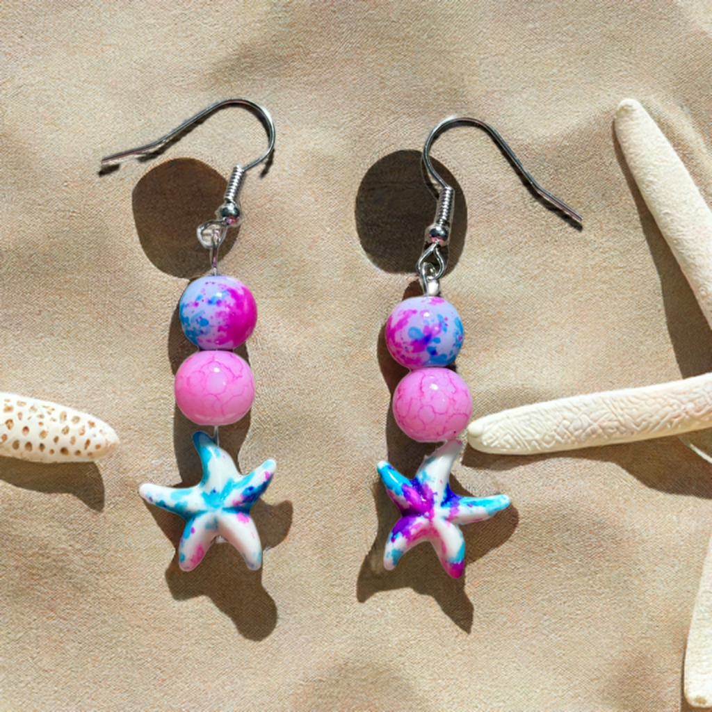 Pink Starfish- Beaded Dangle Earrings